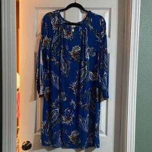 Chico's Blue and Gold A-line Midi Dress with Bishop Sleeves